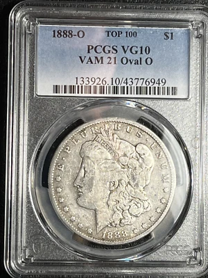 1888-O Morgan Silver Dollar, TOP 100 PCGS VG 10, VAM 21 OVAL O, EXTREMELY RARE. - Image 1 of 2