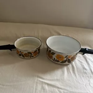 2er Set Vintage 1981 Capri Kochtopf 2 Quart 1 Quart Blumen Japan Gelb - Bild 1 von 6