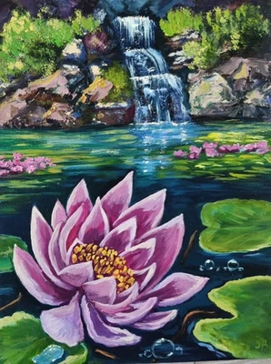 Lotus Oil Painting – 35x27cm Original Nature Artwork Waterfall on Canvas Board - Image 1 of 4