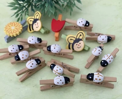 16 Mini-Wäscheklammern Bastelklammern Klammern Biene Blume Marienkäfer (K11) - Bild 1 von 2