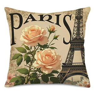 Eiffel Tower Decorative Pillow Cover 18x18 Inches Cotton Linen for Sofa/Bed - Picture 1 of 3