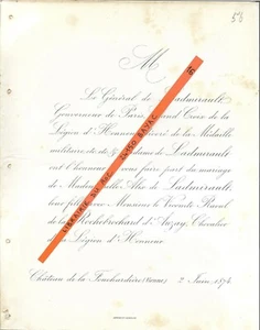 FARE PART WEDDING +Raoul de la ROCHEBROCHARD d'AUZAY / Alix de LADMIRAULT +1874 - Bild 1 von 1