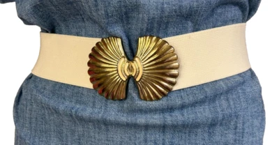 Cinturón Cintura Cintada Elástico Años 80 Talla Única SeaShell Tono Dorado Esmalte Hebilla Marfil Foto 1 de 4