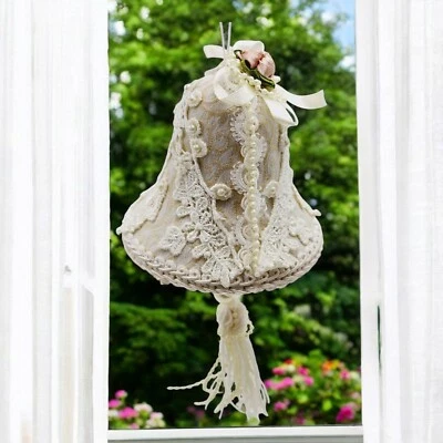 Campana de Navidad vintage hecha a mano cubierta de encaje adorno con cuentas blanco floral 8 pulgadas Foto 1 de 4