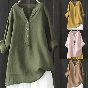 Women'S Solid Stand Up Collar Button Cotton Linen Long Sleeved Shirt Blouse - Picture 1 of 24