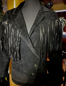 Vintage G-111 Black Leather Heavy Fringed Jacket Conchos Laced Back/Cuffs Sz. M - Picture 1 of 15