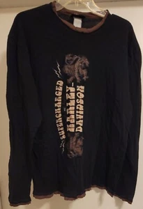 Harley Davidson motorcycles super charged black long sleeve T-shirt brown trim - Picture 1 of 7