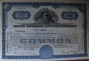 Genuine The Bond Stores Incorporated stock certificate 100 shares: 1940s-1950s - Picture 1 of 1