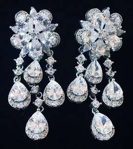 EARRING made with Swarovski Crystal Dangle Drop Wedding Bridal Rhodium Silver - Picture 1 of 8