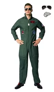 Mens 80s Pilot Costume Top Flight Fancy Dress Outfit Aviator Gun Movie Costume - Picture 1 of 5
