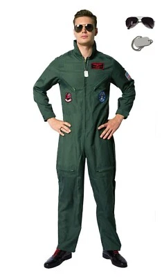 Herren 80er Pilotenkostüm Oberteil Flugkostüm Outfit Fliegerpistole Filmkostüm