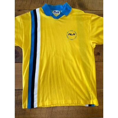 Camisa Para Hombres FILA Vintage Años 90 Amarillo Azul Blanco Manga Corta Rayas Cuello M Foto 1 de 4