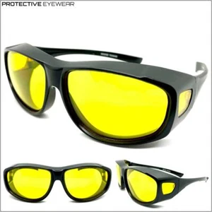 PROTECTIVE SAFETY Day or Night Driving Yellow Lens SUN GLASSES Over RX Glass Fit - Picture 1 of 9