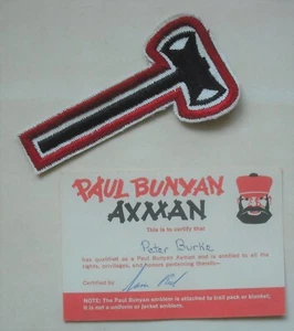 Vintage 1970er PAUL BUNYAN AXMAN Pfadfinder Mitgliedschaft PREISKARTE & PATCH BSA Camp - Bild 1 von 4