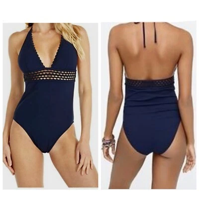 NOVO J. Maiô Crew Scallop Pique gola V Halter peça única tamanho 14 azul marinho - Imagem 1 de 4