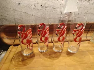 Set Of Four VINTAGE PINK FLAMINGOS MCM Tall Drinking Glasses 7" Palm Springs - Picture 1 of 3