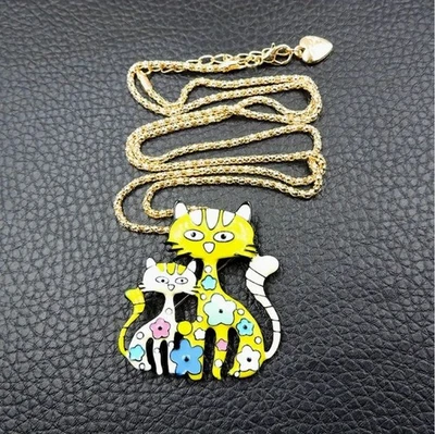 Colar Betsey Johnson esmalte amarelo pingente broche gato tom dourado - Imagem 1 de 2
