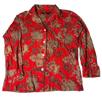Top para dormir Lauren Ralph Lauren rojo estampado cachemir manga larga con botones talla S Foto 1 de 4
