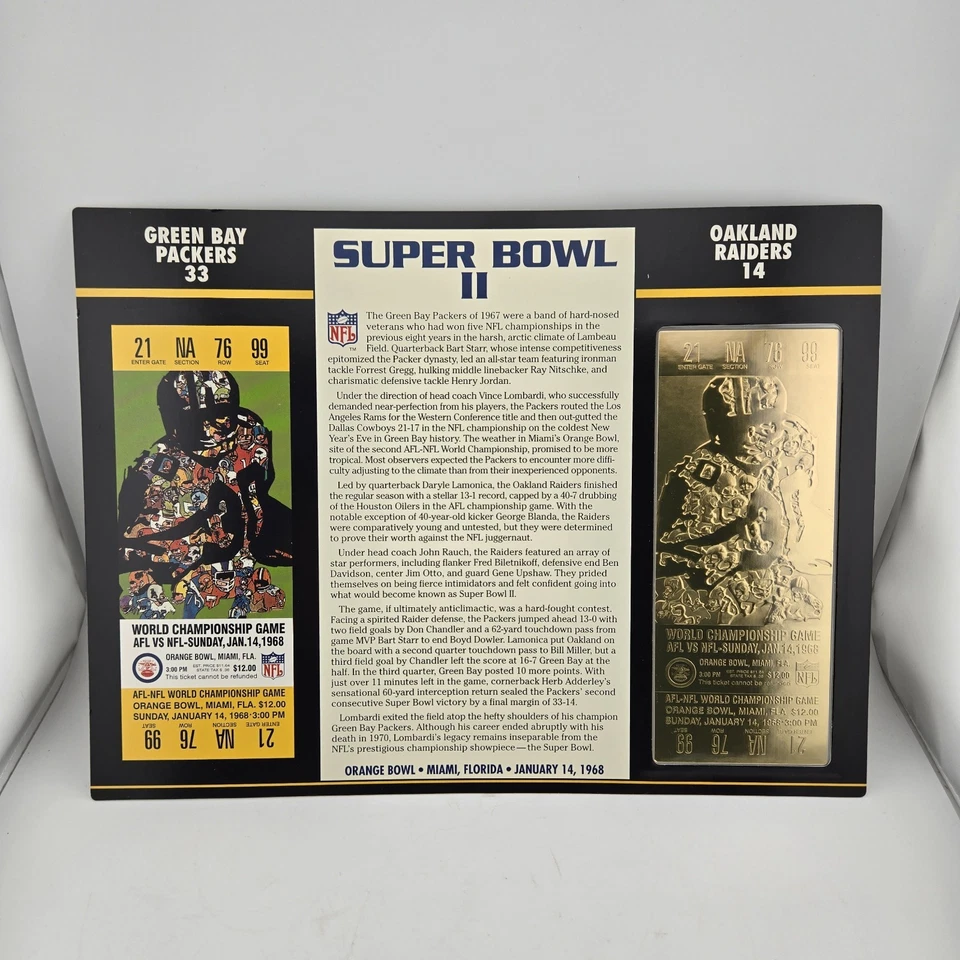Boleto de oro 22K del Super Bowl II 2 1968 Packers Raiders Lombardi Starr regalo de la NFL  Foto 1 de 4