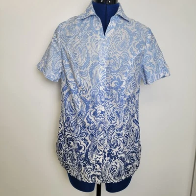 Karen Scott Womens Blue Ombre' Tropical Paisley  Short Sleeve Cotton Shirt S EUC - Image 1 of 4