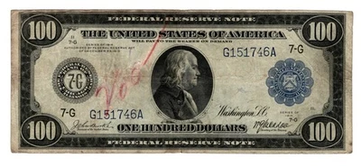 1914 $100 Chicago Federal Reserve Note FR 1108 7-G True Auction - Image 1 of 2
