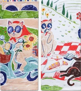 Set of 2 Different Terry Towels(15"x26")CATS' PICNIK &CAT ON SCOOTER &FLOWERS,KO - Picture 1 of 15