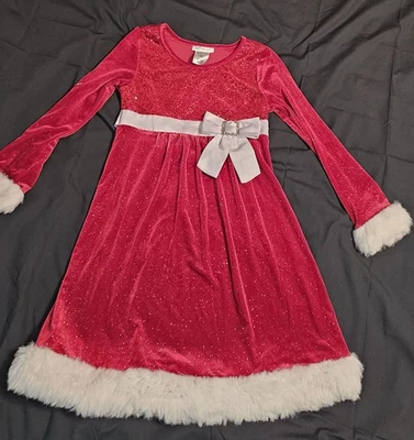 Bonnie Jean Girls 10 Red Sequin Velvet Christmas Dress Faux Fur Trim White Bow  - Image 1 of 4