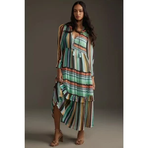 Neu mit Etikett ANTHROPOLOGIE Gr. S The Marais Chiffon Maxikleid Kanarienmuster Motiv - Bild 1 von 5
