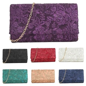 Women Satin Lace Floral Evening Clutch Envelope Hand bag Wedding Party Bridal UK - Picture 1 of 10