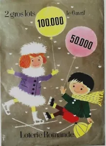 Original vintage poster SWISS LOTTERY KIDS SKATING 1957 - Picture 1 of 1
