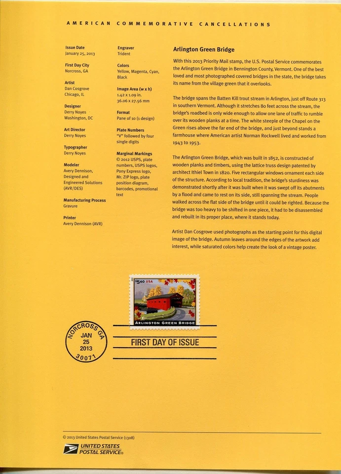 #4738 $5.60 Arlington Green Bridge Stamp USPS #1308 Souvenir Page FDC - Image 1 of 1