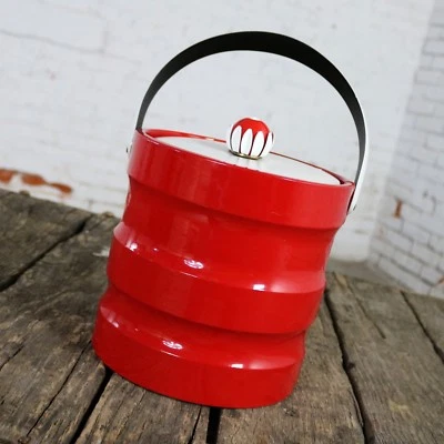 Mid Century Modern Ice Bucket Red Faux Patent Leather White Plastic Daisy Knob - Image 1 of 4