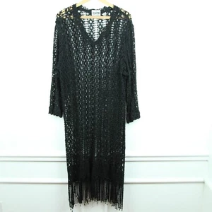 Vintage M L Crochet Lace Sheer Midi Dress Fringe Whimsigoth Witchy Boho Goth 90s - Picture 1 of 11