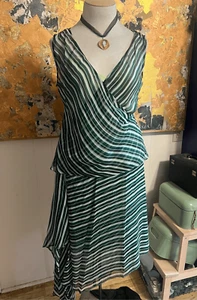 Alfani 100% Silk Green Striped Asymmetrical Skirt & Flowy Top Set FAB! 14/14p - Picture 1 of 11