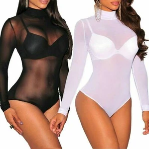 Womens Ladies Turtle Polo Neck Sheer Mesh Long Sleeve Leotard Shirt Bodysuit Top - Picture 1 of 3