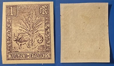 Madagascar 1903 Imperf Traveller's Tree and Zebu MI-59aU Dark Lilac MVLH OG #W7 - Image 1 of 2