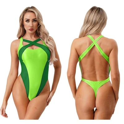 Traje de baño brillante para mujer Body Malla transparente Retazos Leotardo Traje de baño Fiesta Foto 1 de 4
