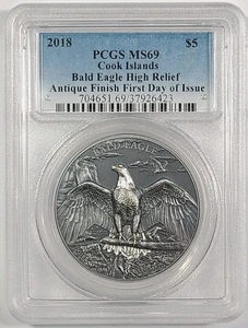 2018 1 Oz Silver $5 Cook Islands Bald Eagle High Relief Antiqued Coin MS69 - Picture 1 of 2