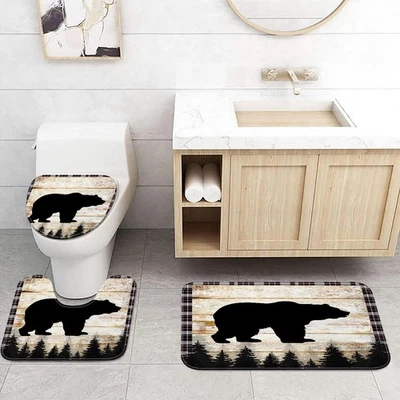 Juego de alfombra de baño de cabina rústica, alfombra de baño, decoración antigua de madera de bosque de osos antideslizante... Foto 1 de 4