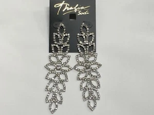 Thalia Sodi Earrings Silver Plated Flower Rhinestones Stud 4"1/4 *N429 - Picture 1 of 7