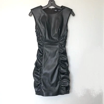 Zara Ruched Black Faux Leather Sleeveless Mini Dress Size XS - Image 1 of 4
