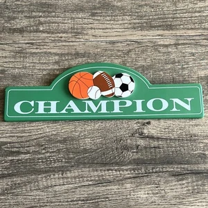Vintage CHAMPION WOODEN WALL PLAQUE Sports Soccer Basketball Football Sign NEW - Picture 1 of 20
