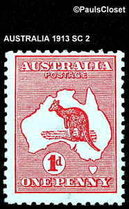 AUSTRALIA 1913 SC 2 KANGAROO & MAP 1p CARMINE MNH OG F/VF