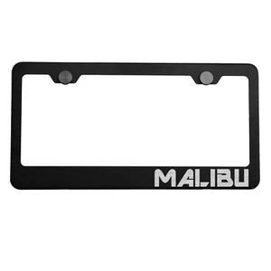 Matte Black License Plate Frame Silver MALIBU Laser Etched Metal Screw Cap - Picture 1 of 8