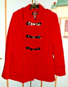 STYLE & CO Red Winter Coat Medium M Pea Coat Black Leather Button Hood Jacket - Picture 1 of 7