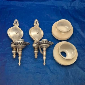 Pair Antique Art Deco Brushed Nickel Wall Sconces ReWired Gill Shades 114D - Picture 1 of 8