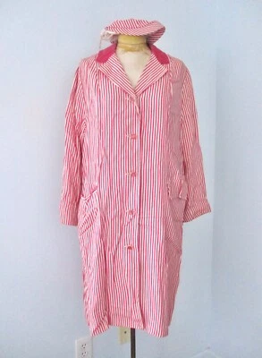 De Colección Años 60 Rosa Blanco Carnaval Rayas Abrigo y Gorra Forro Completo Bolsillos Terciopelo Ribete M Foto 1 de 4