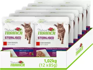 Natural Trainer Sterilised Adult Cibo Umido per Gatti Con Manzo E Fibra Di Pisel - Foto 1 di 12