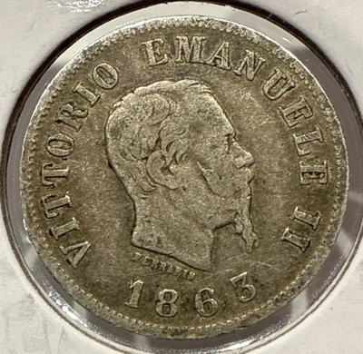 Moeda de prata 50C 1863 BN 50 Centesimi Itália KM4 - Imagem 1 de 4