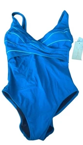 Vintage Gottex Swimsuit Tank One Piece High Hi Cut Vneck Blue Unworn 8 - Picture 1 of 8